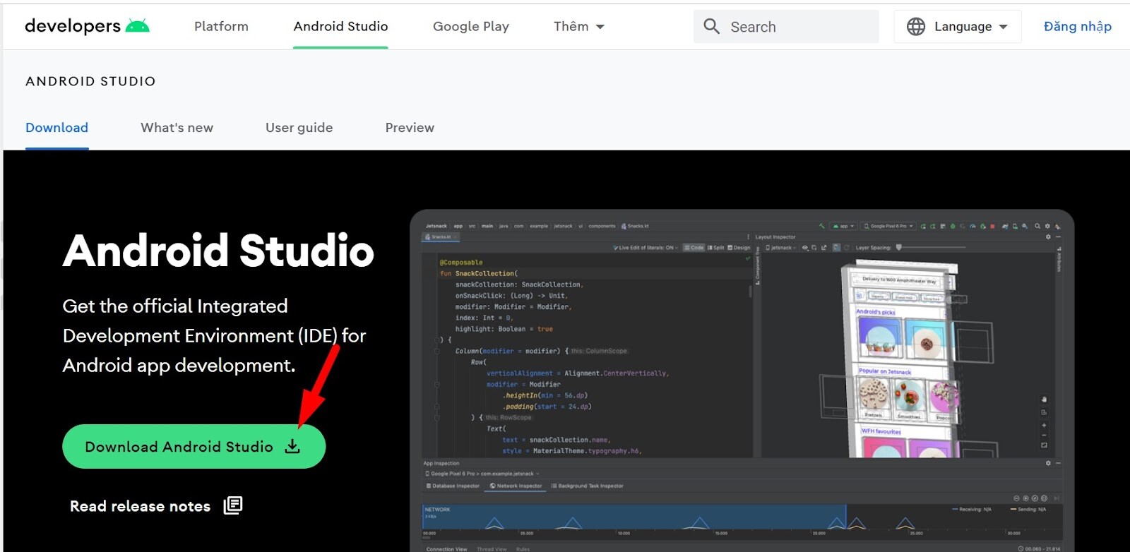 Truy cập vào website của Android Studio để tải phần mềm